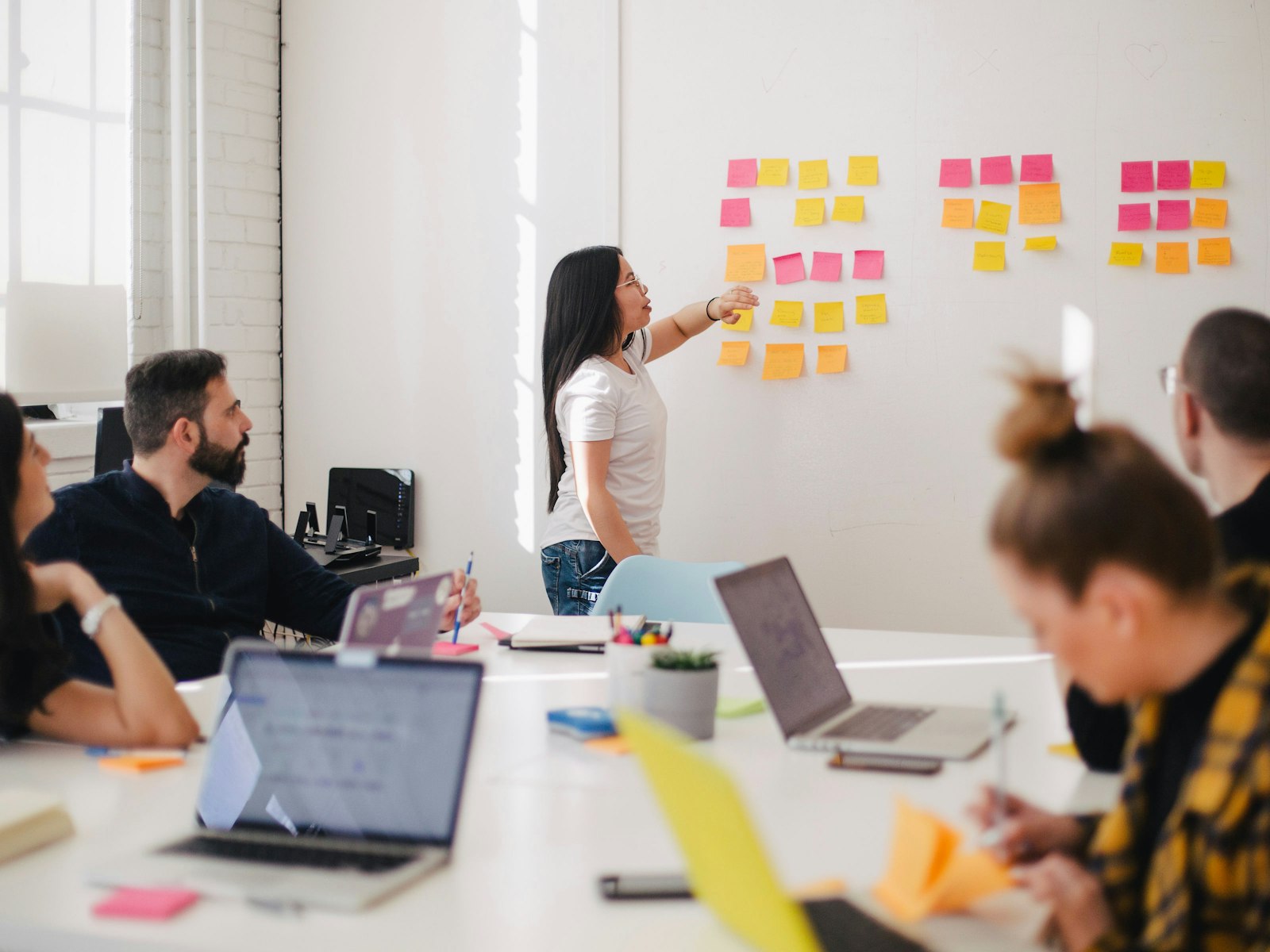 A team mapping a process on a whiteboard